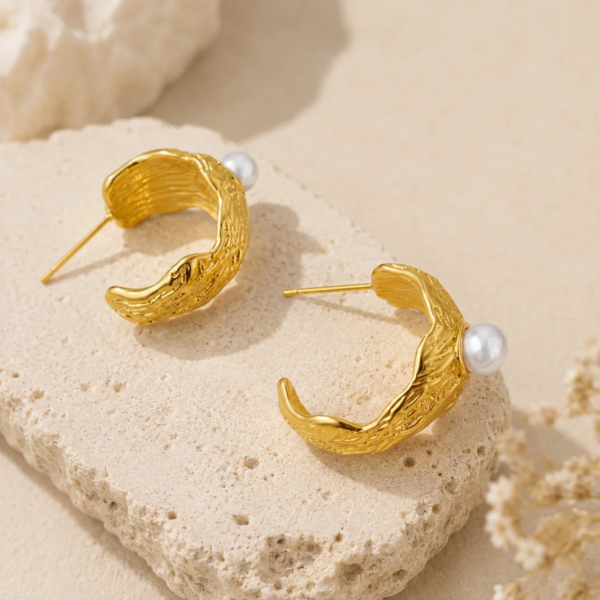 Cream Textured Pearl Hoops