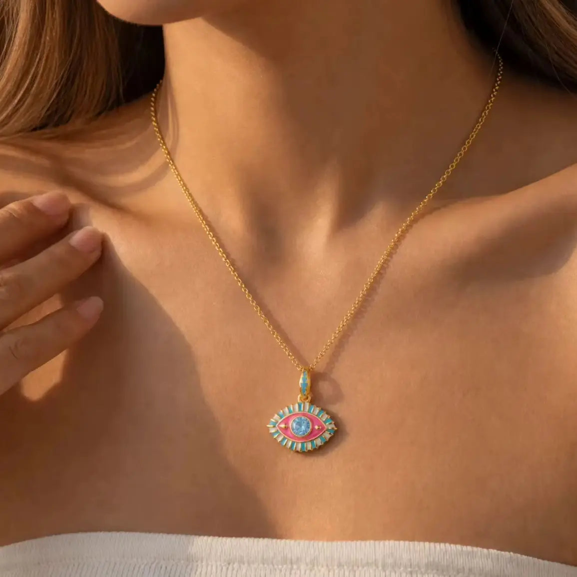 Aquamarine Evil Eye Charm Necklace
