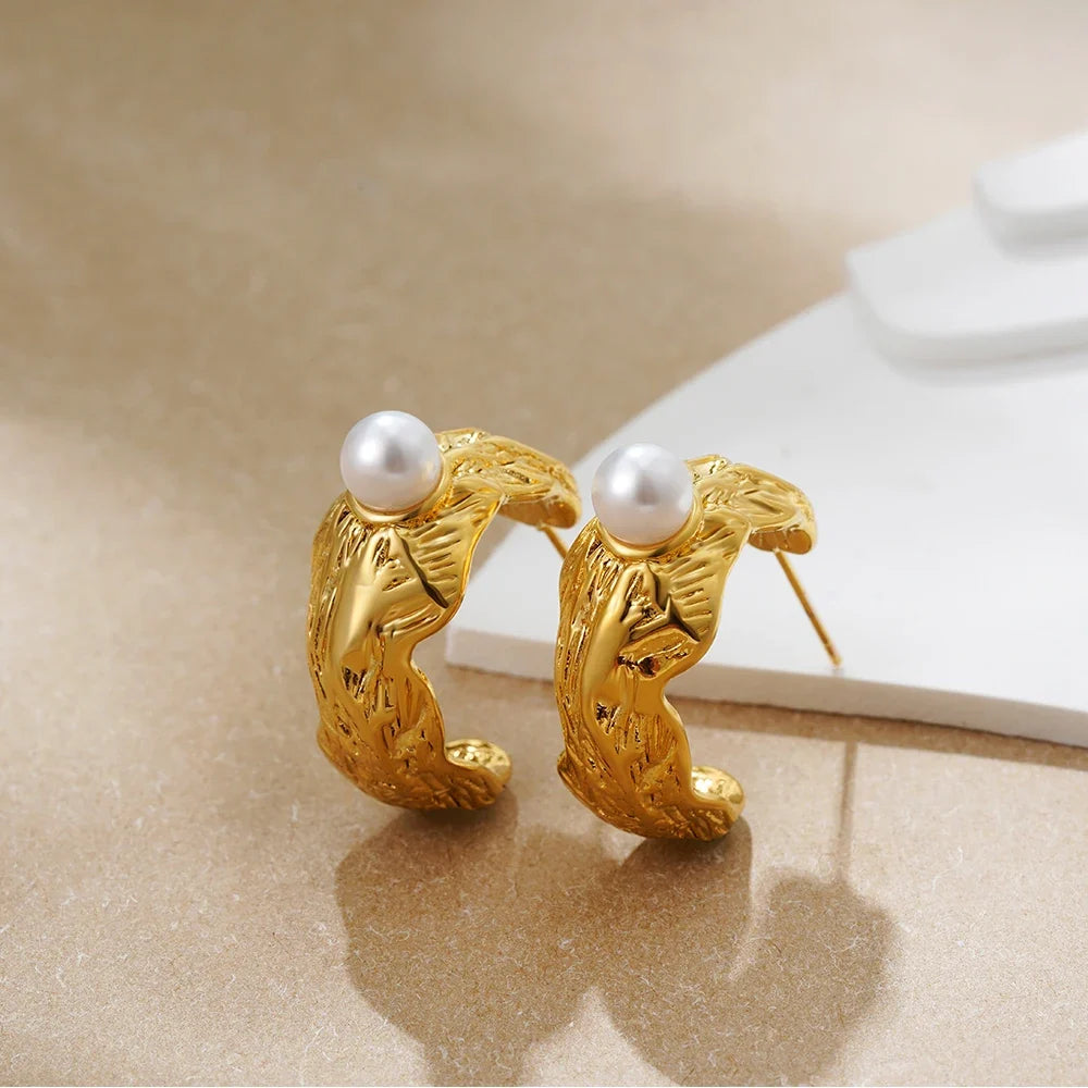 Cream Textured Pearl Hoops