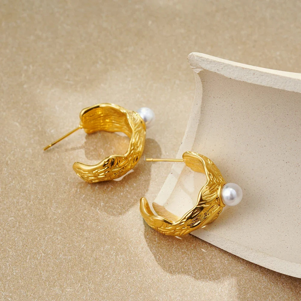 Cream Textured Pearl Hoops