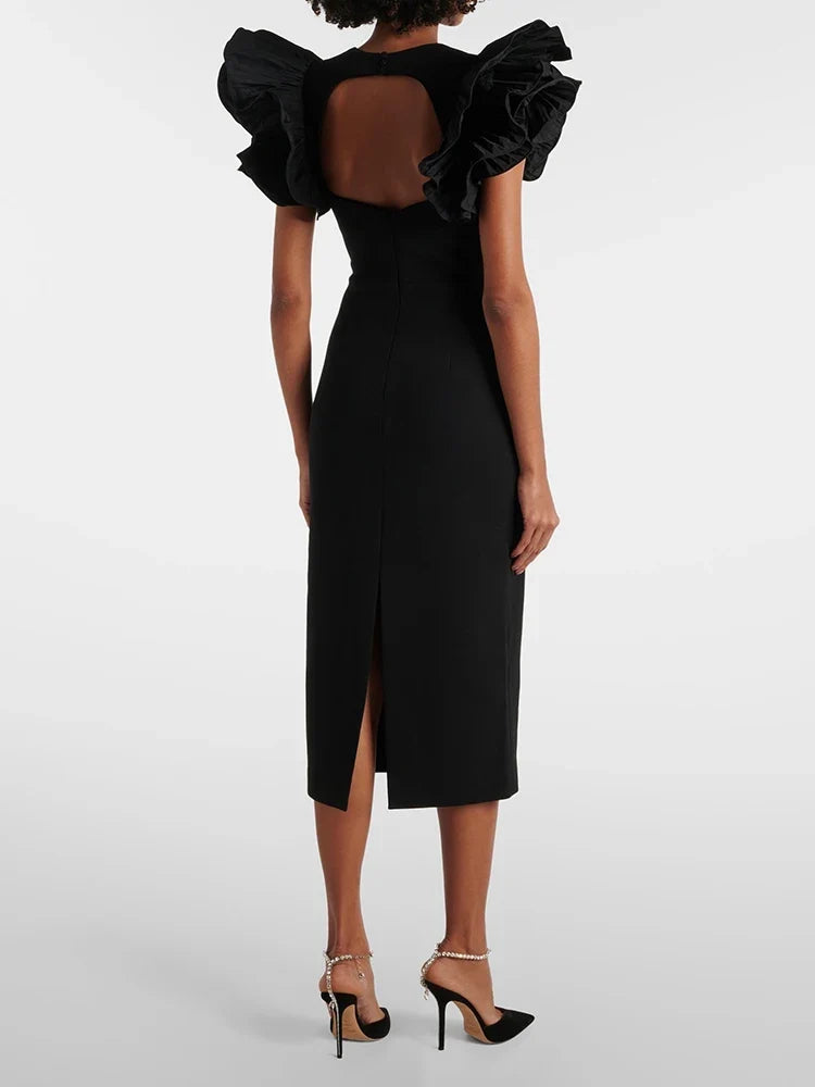 Wave Bandage Butterfly Sleeve Midi Dress
