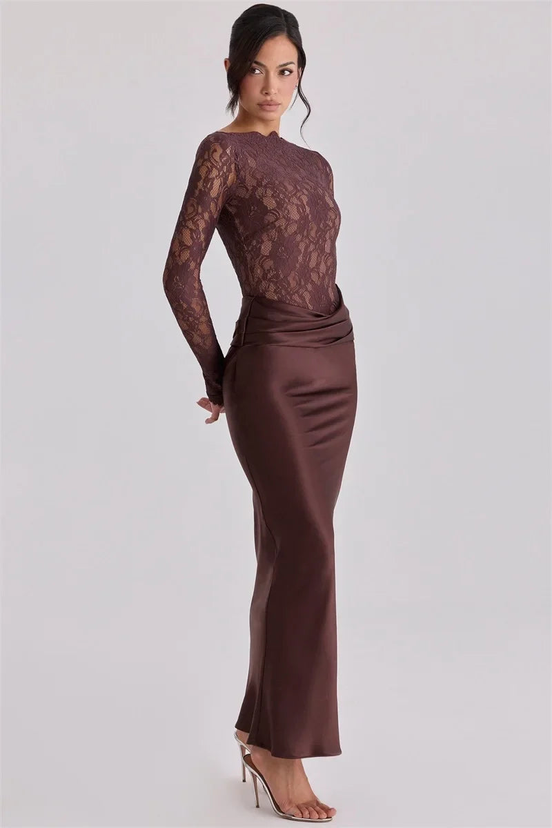 Selene Satin Lace Long Sleeve Maxi Dress