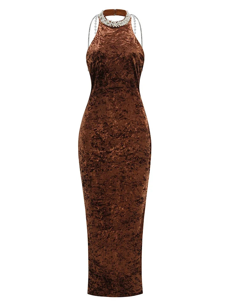 Avocado Halter Beaded Maxi Dress