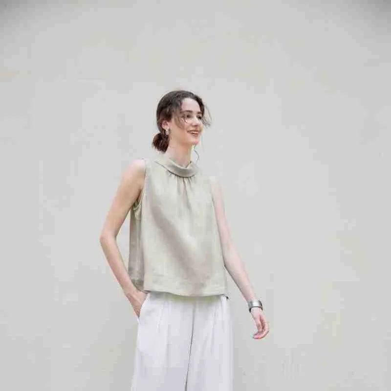 Ruby Linen Stand-Collar Top