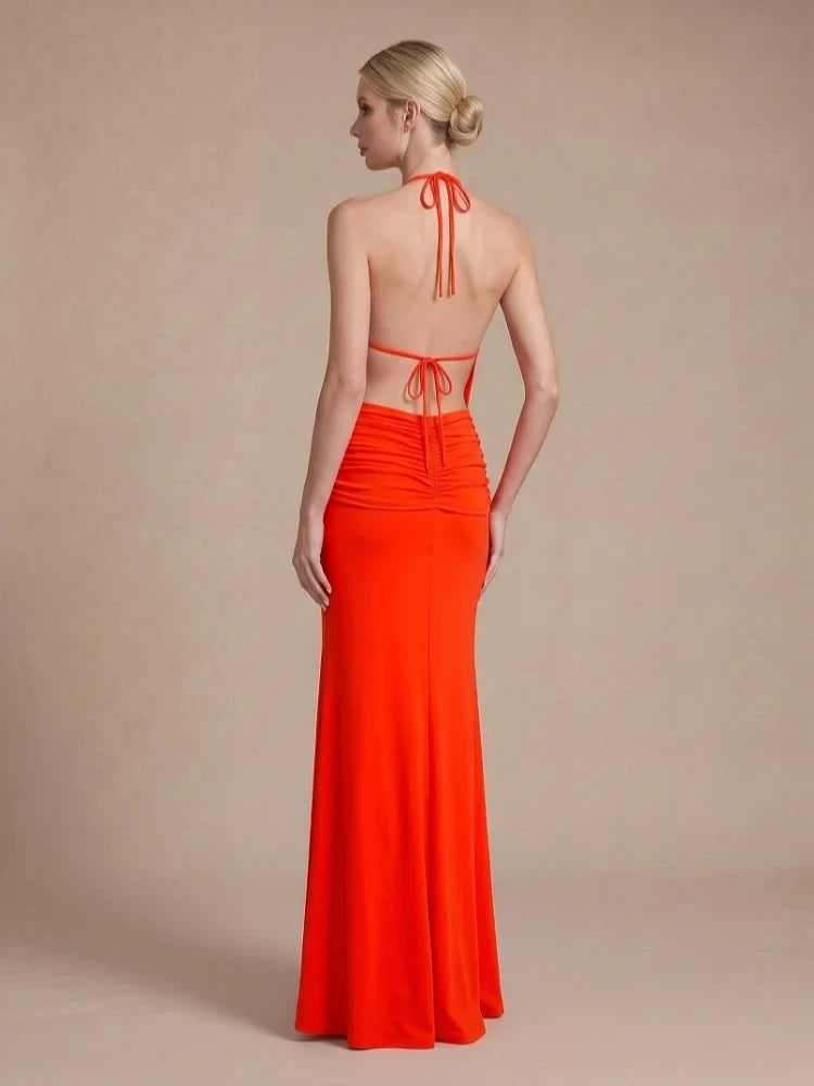 Mulberry Halter Lace Cross-Strap Maxi Dress