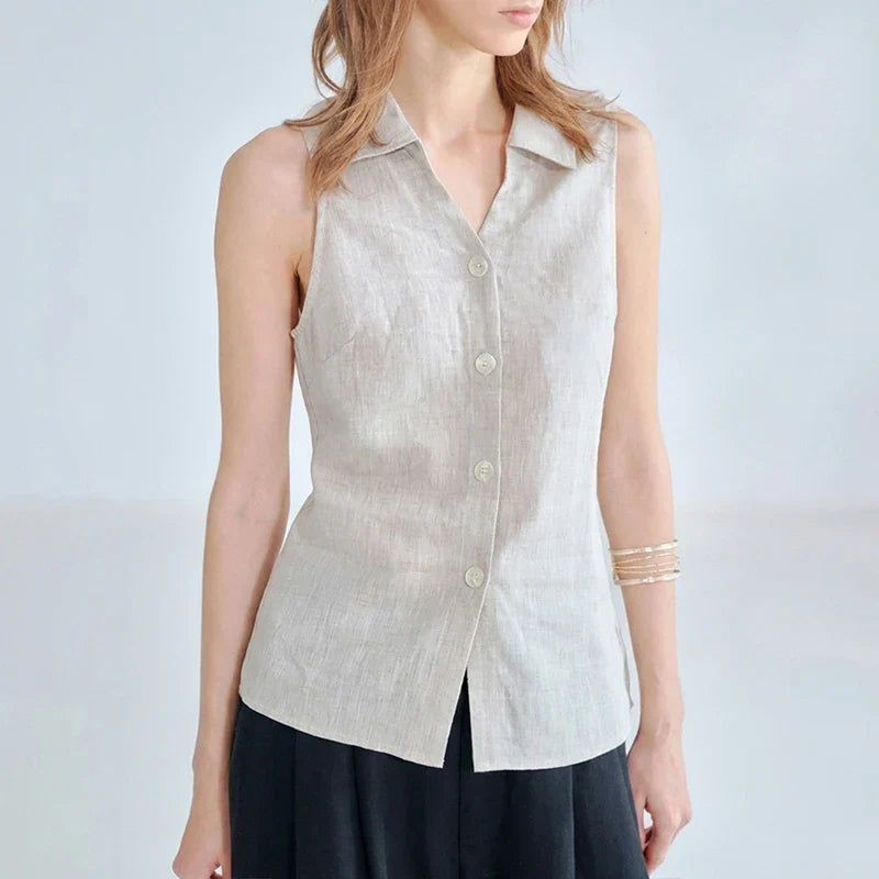 Amethyst Pure Linen Stand-Collar Vest