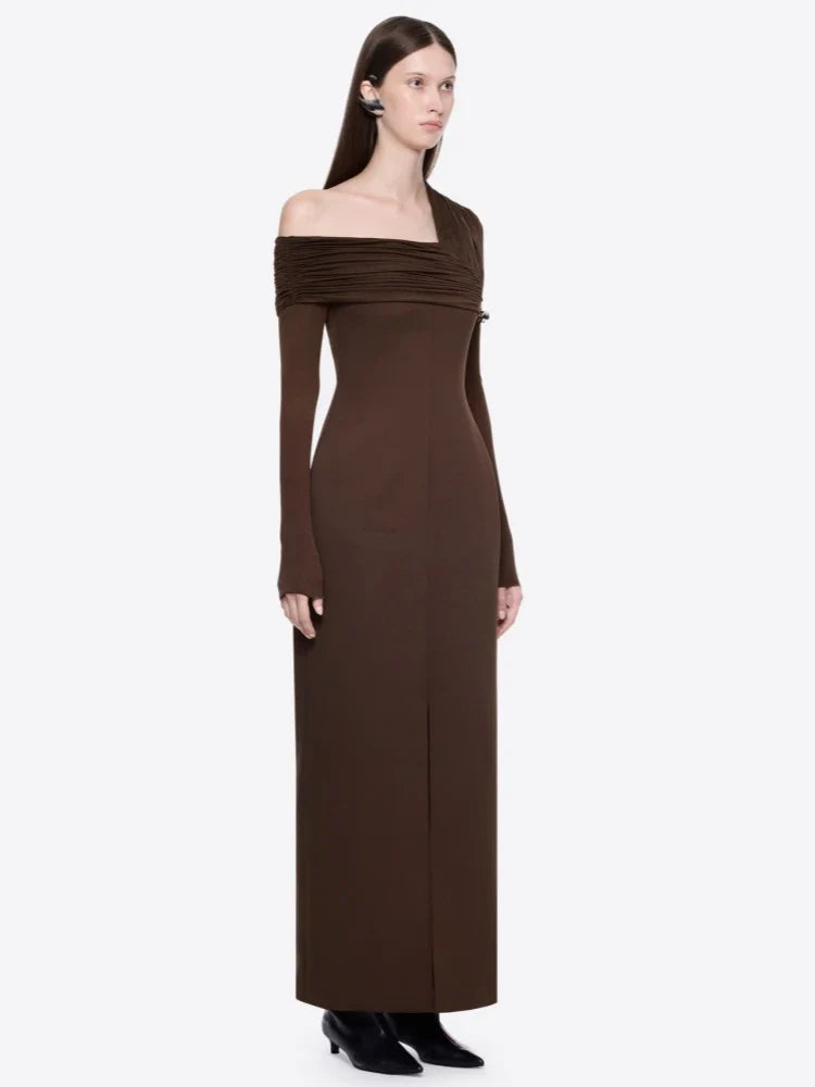 Navy Off-Shoulder Front-Slit Maxi Dress