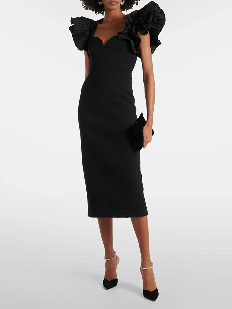 Wave Bandage Butterfly Sleeve Midi Dress