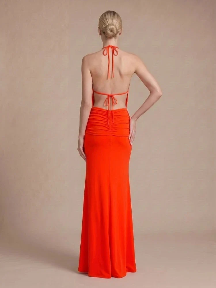Mulberry Halter Lace Cross-Strap Maxi Dress
