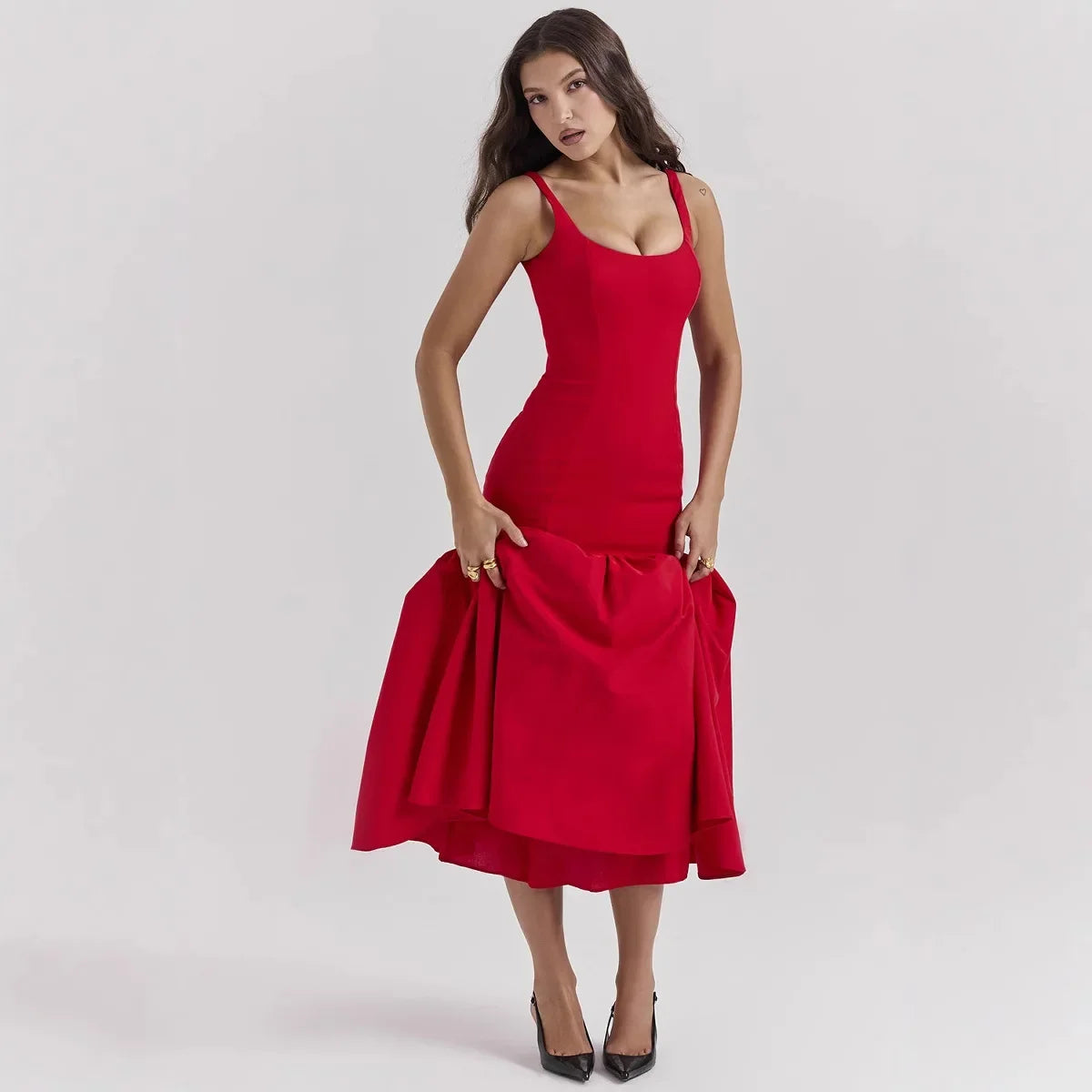 Midnight Drop-Waist Flounce Midi Dress