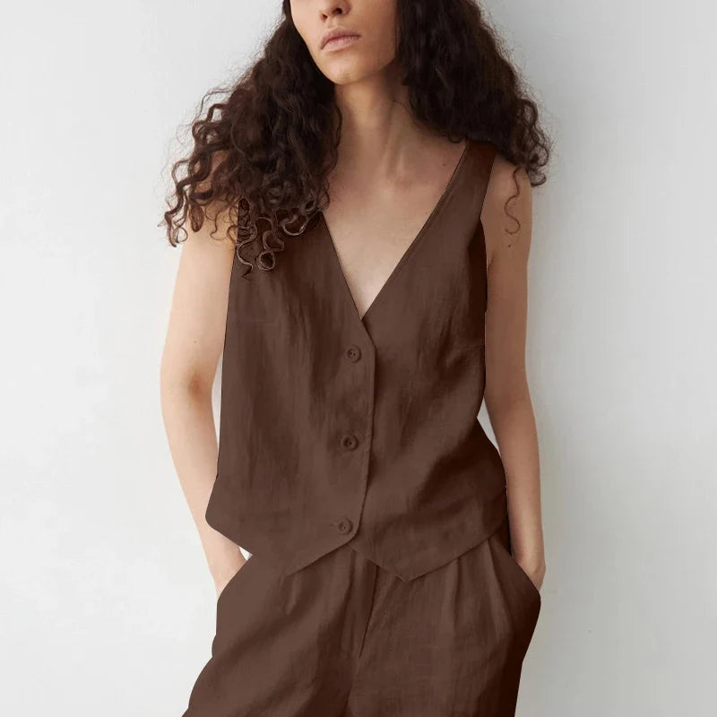 Coral Linen Single-Button Vest