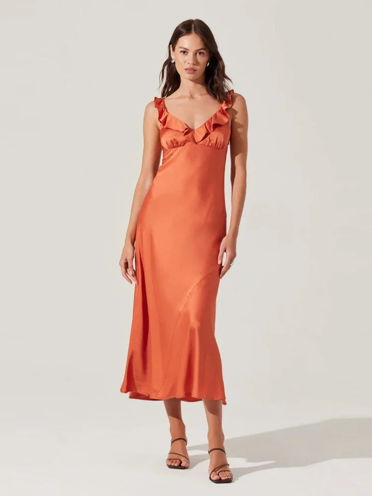Lilac Satin Ruffle-Neck Midi Dress