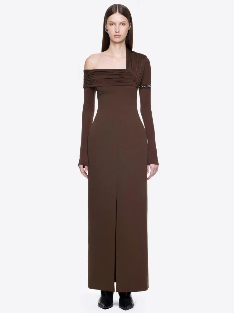 Navy Off-Shoulder Front-Slit Maxi Dress