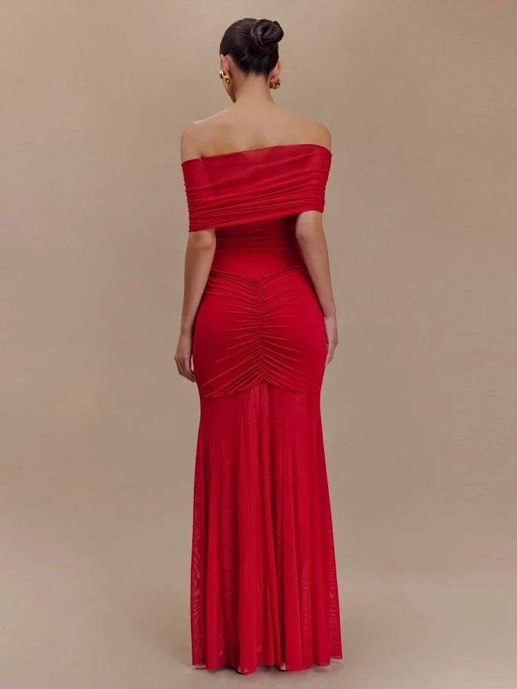 Violet Off-Shoulder Mesh Maxi Dress