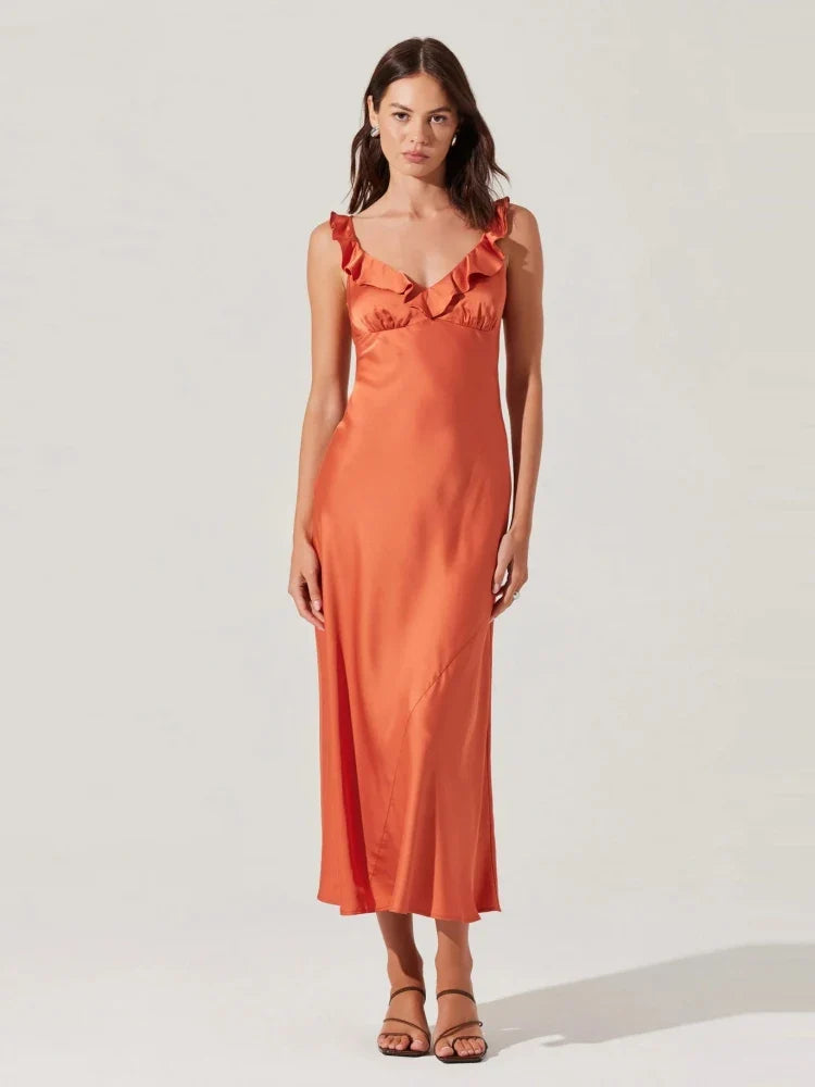 Lilac Satin Ruffle-Neck Midi Dress