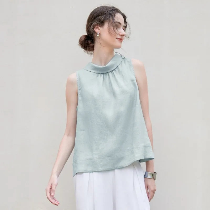 Ruby Linen Stand-Collar Top