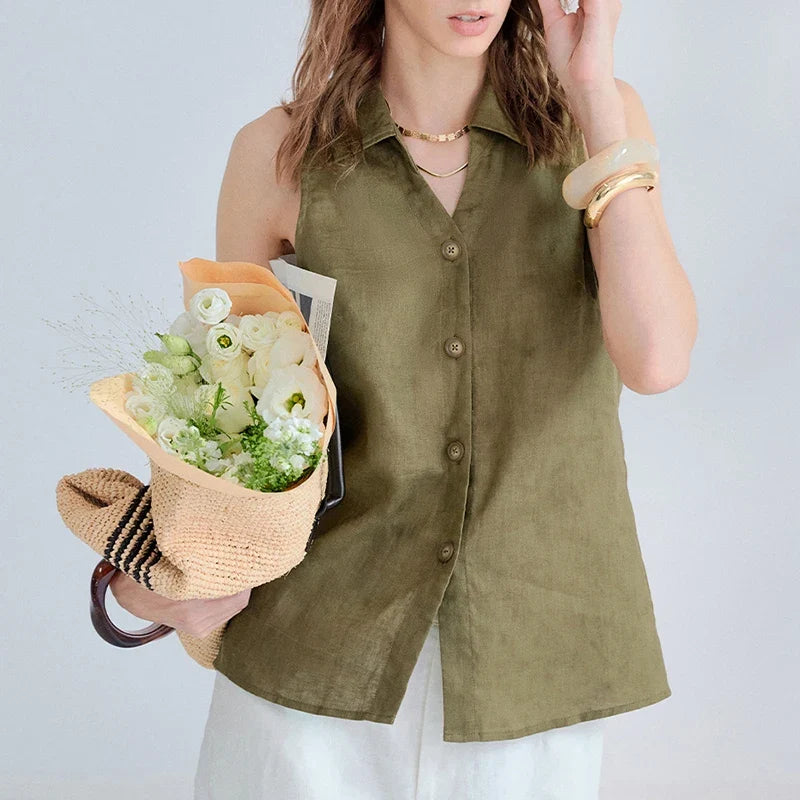 Amethyst Pure Linen Stand-Collar Vest