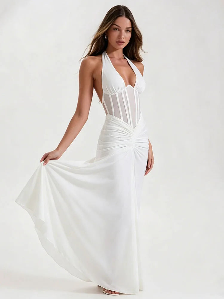 Forest Halter Lace-Up Mesh Maxi Dress