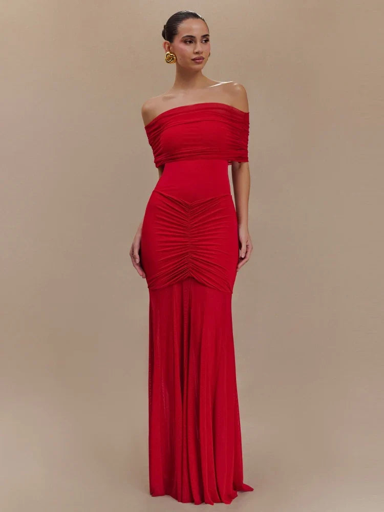 Violet Off-Shoulder Mesh Maxi Dress