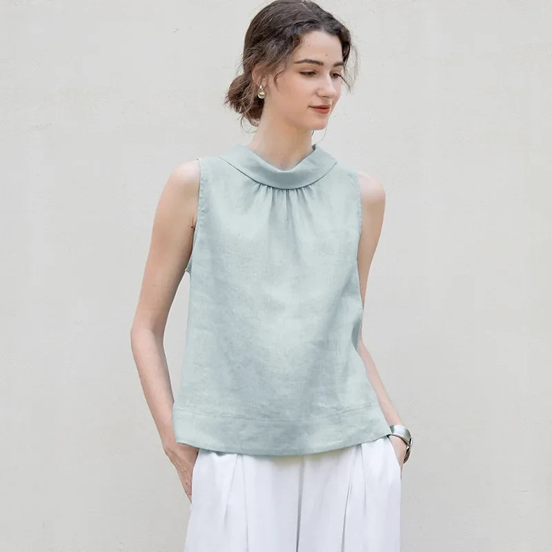 Ruby Linen Stand-Collar Top
