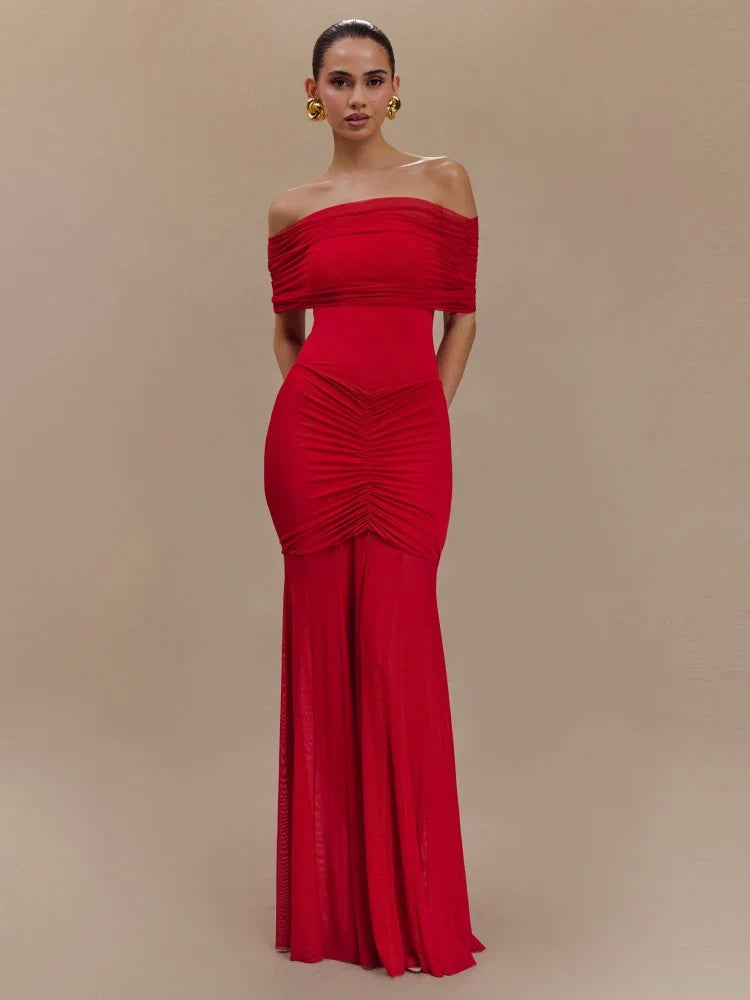 Violet Off-Shoulder Mesh Maxi Dress
