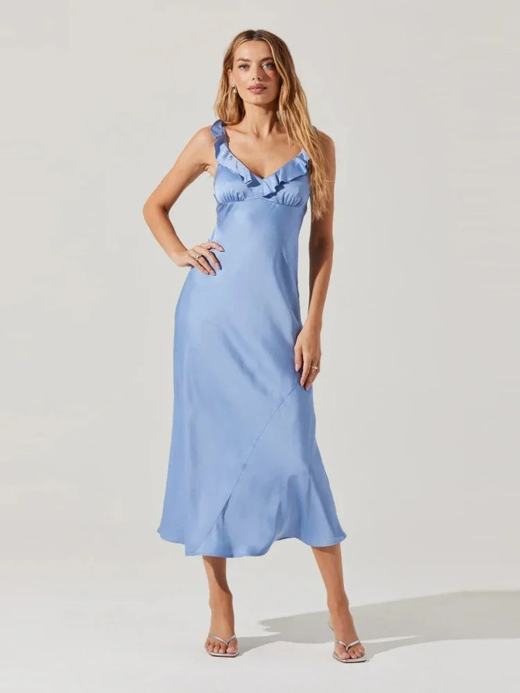 Lilac Satin Ruffle-Neck Midi Dress