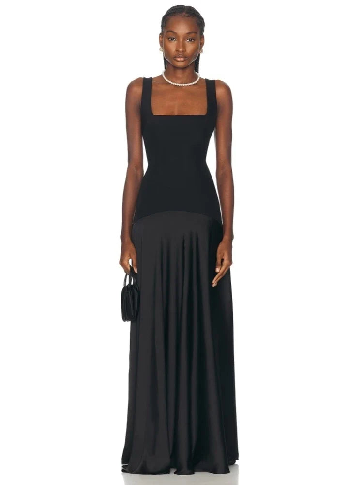 Indigo Two-Tone Satin A-Line Maxi Dress