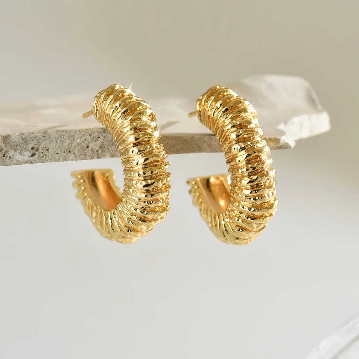 Silver Ribbed C-Hoop Earrings
