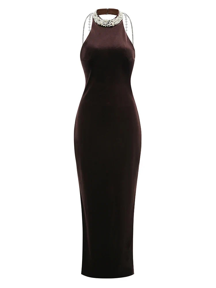 Avocado Halter Beaded Maxi Dress