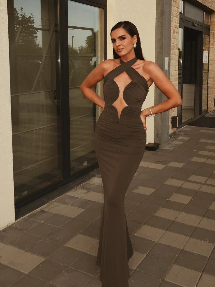 Lux Halter Lace-Up Maxi Dress