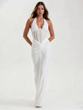 Forest Halter Lace-Up Mesh Maxi Dress