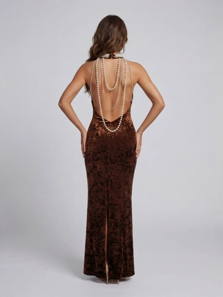 Avocado Halter Beaded Maxi Dress