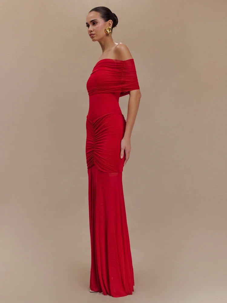 Violet Off-Shoulder Mesh Maxi Dress