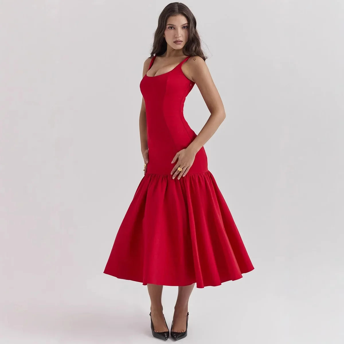 Midnight Drop-Waist Flounce Midi Dress