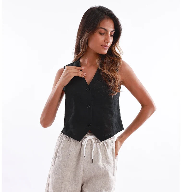 Jade Fitted Linen Vest