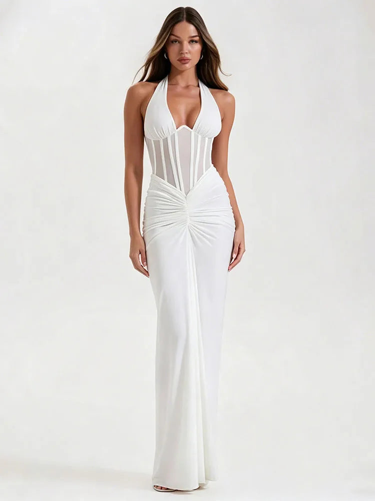 Forest Halter Lace-Up Mesh Maxi Dress