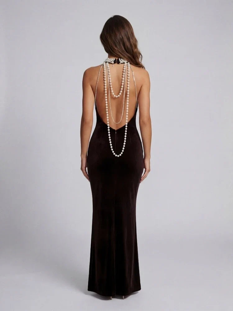 Avocado Halter Beaded Maxi Dress