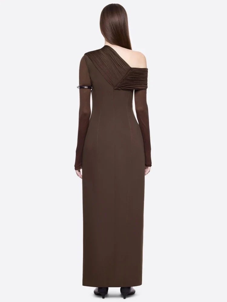 Navy Off-Shoulder Front-Slit Maxi Dress