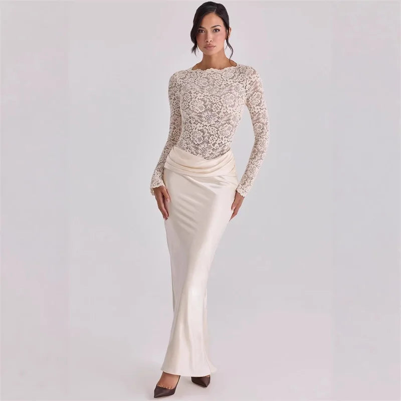 Selene Satin Lace Long Sleeve Maxi Dress