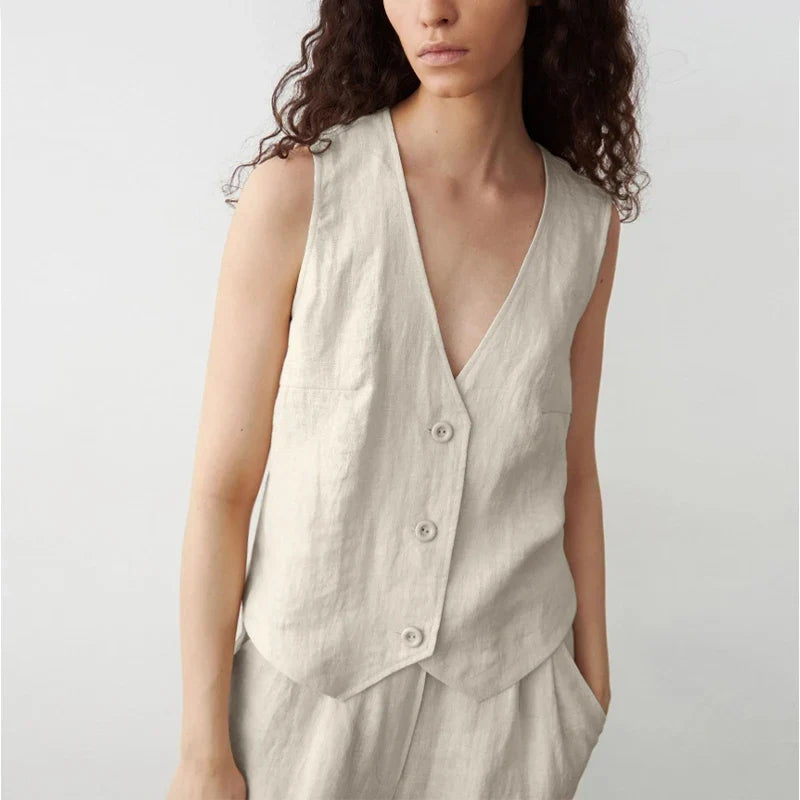 Coral Linen Single-Button Vest