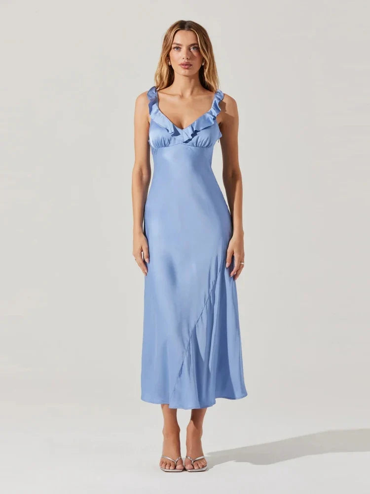 Lilac Satin Ruffle-Neck Midi Dress