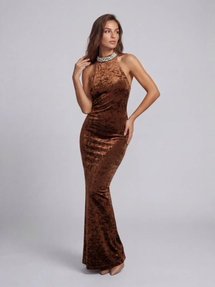 Avocado Halter Beaded Maxi Dress