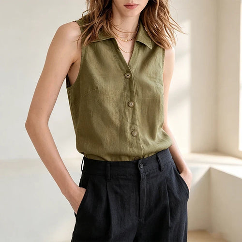 Amethyst Pure Linen Stand-Collar Vest