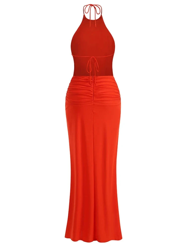 Mulberry Halter Lace Cross-Strap Maxi Dress