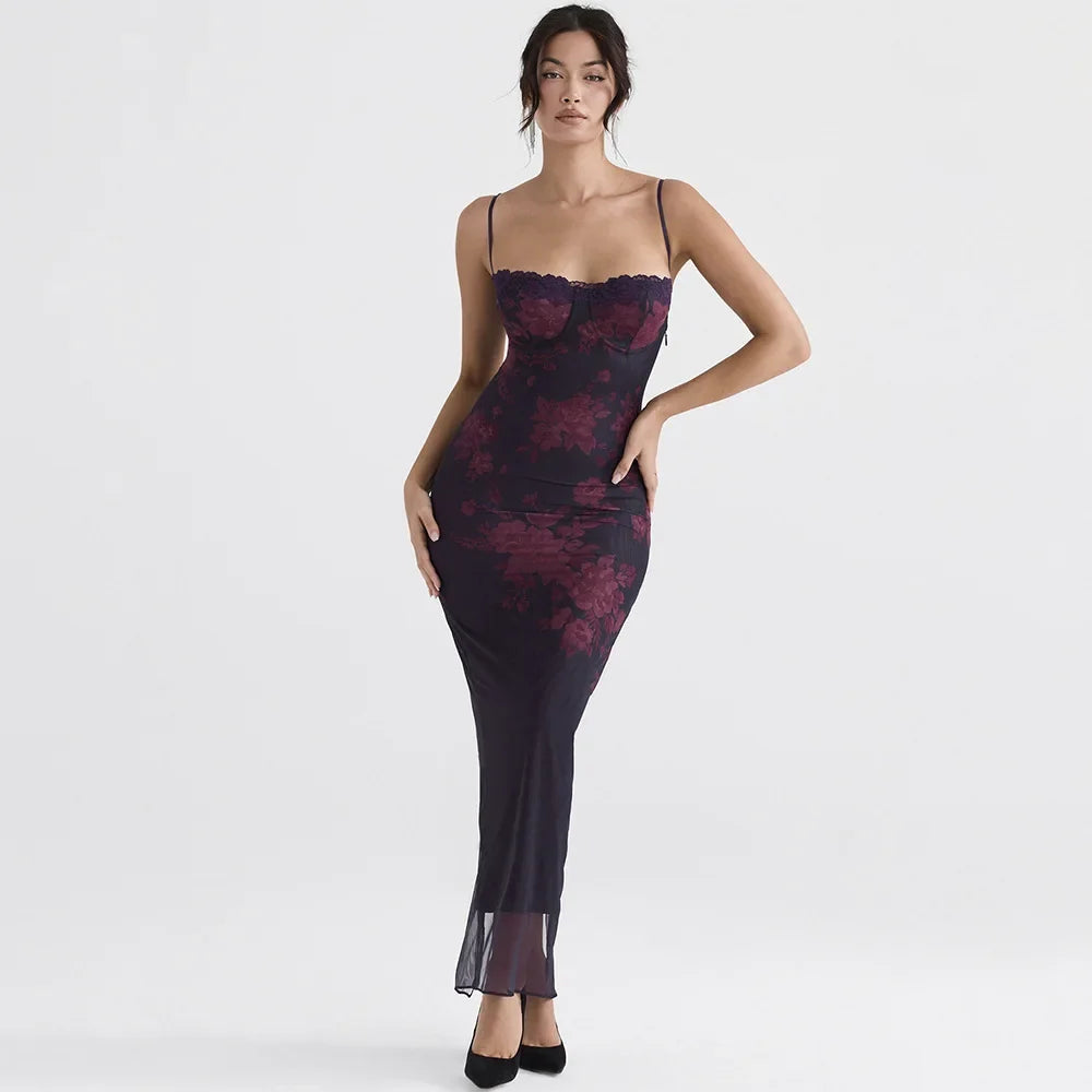 Almond Floral Mesh Bodycon Maxi Dress