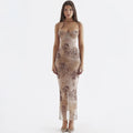 Almond Floral Mesh Bodycon Maxi Dress