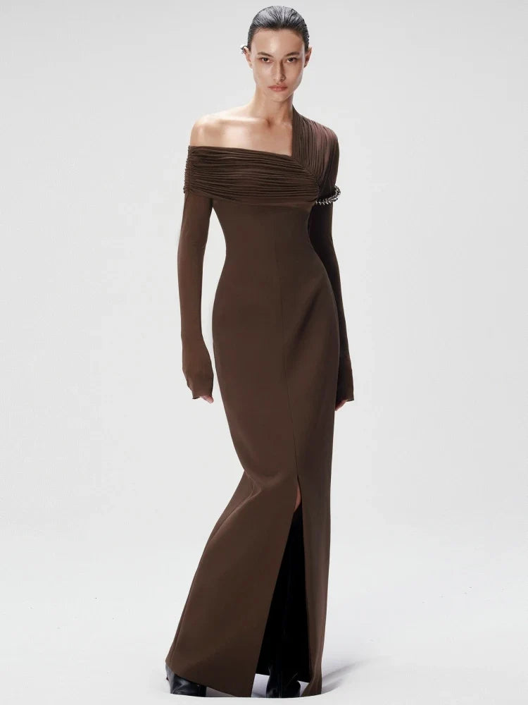 Navy Off-Shoulder Front-Slit Maxi Dress