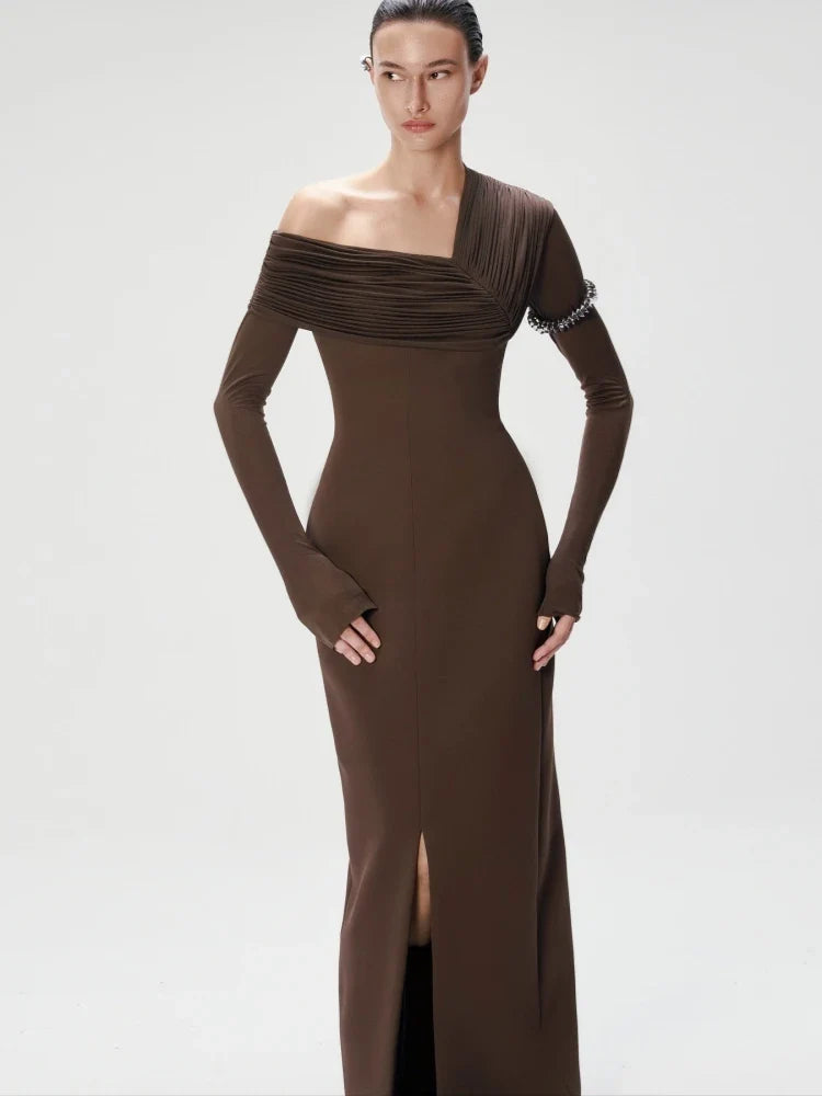 Navy Off-Shoulder Front-Slit Maxi Dress