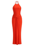 Mulberry Halter Lace Cross-Strap Maxi Dress