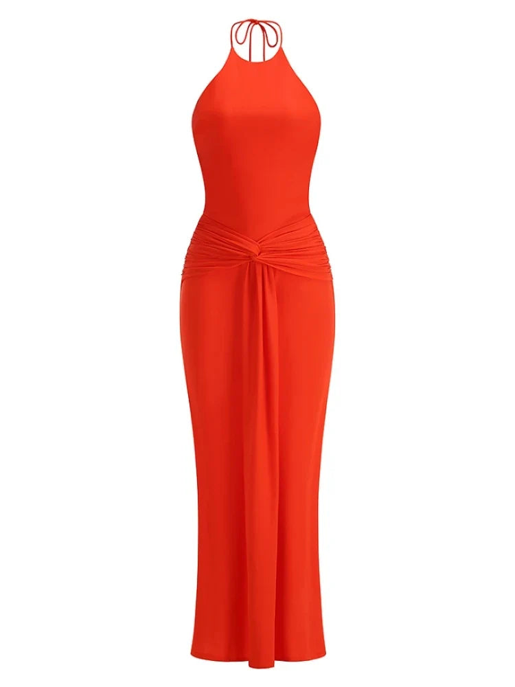 Mulberry Halter Lace Cross-Strap Maxi Dress